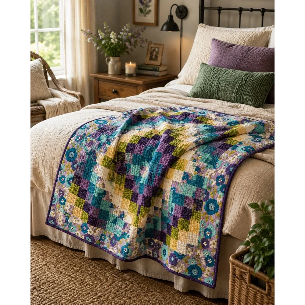 Vintage Handmade Patchwork Quilt Throw Lavender Teal Floral 40x40